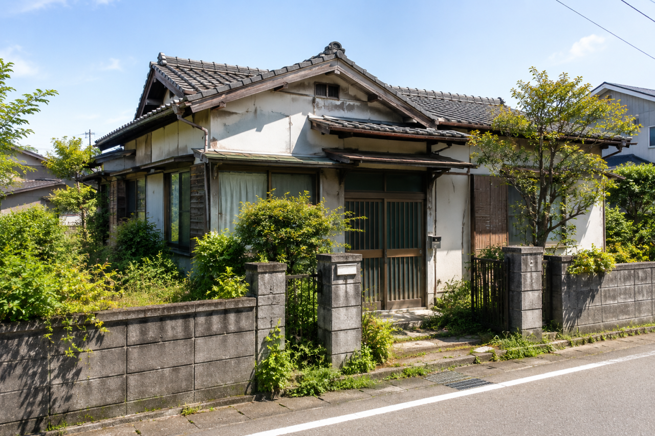道路から見た、庭木や雑草が伸びた築年数の古い平屋の外観