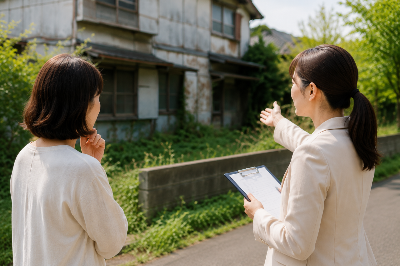 空き家の前で、担当者が書面を手に解体の相談を受けている様子