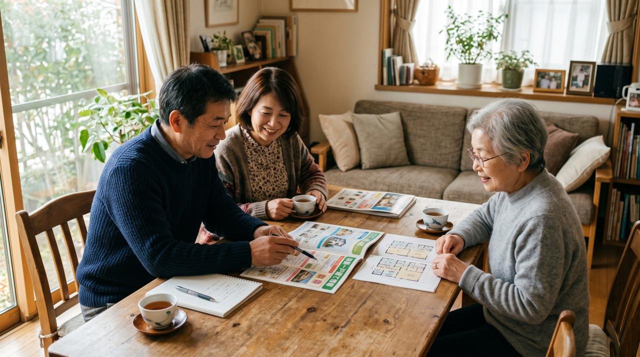 居間のテーブルで資料を見ながら家族で話し合う様子