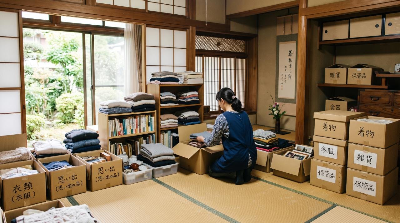 実家の和室で家財を段ボールに仕分けする様子