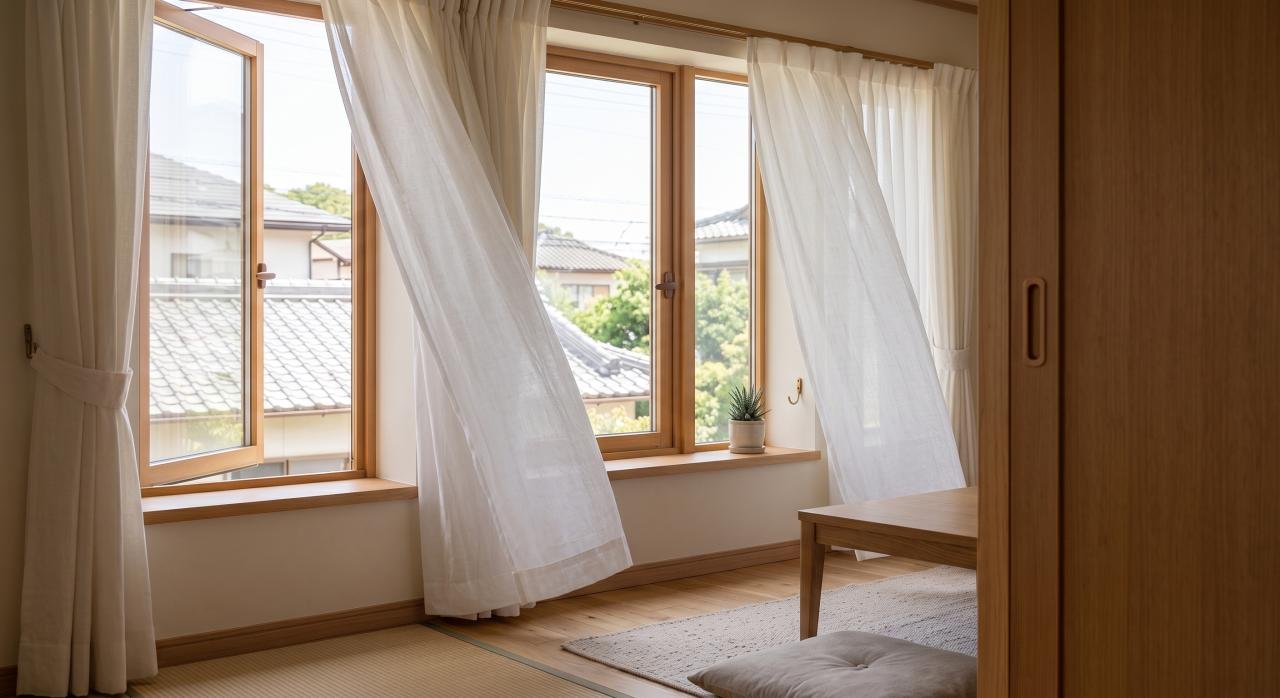 窓を開けて風を通している住宅の室内