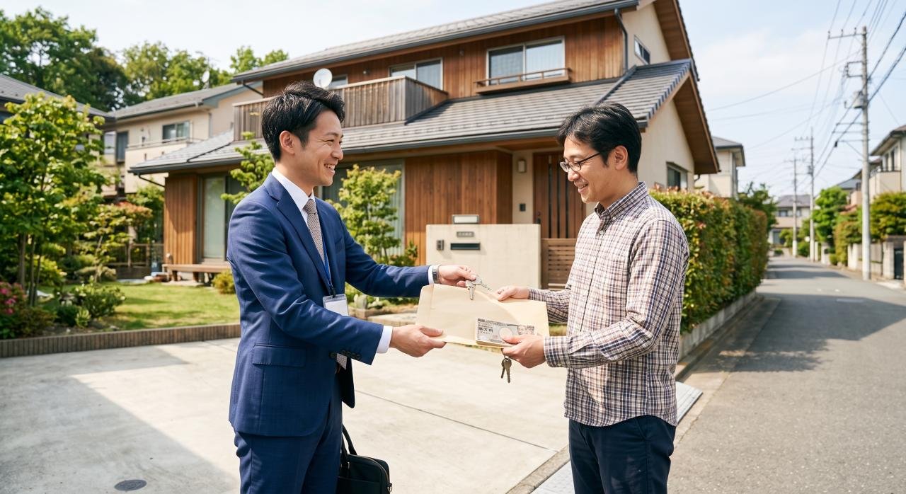 住宅街で不動産会社の担当者から書類を受け取る様子