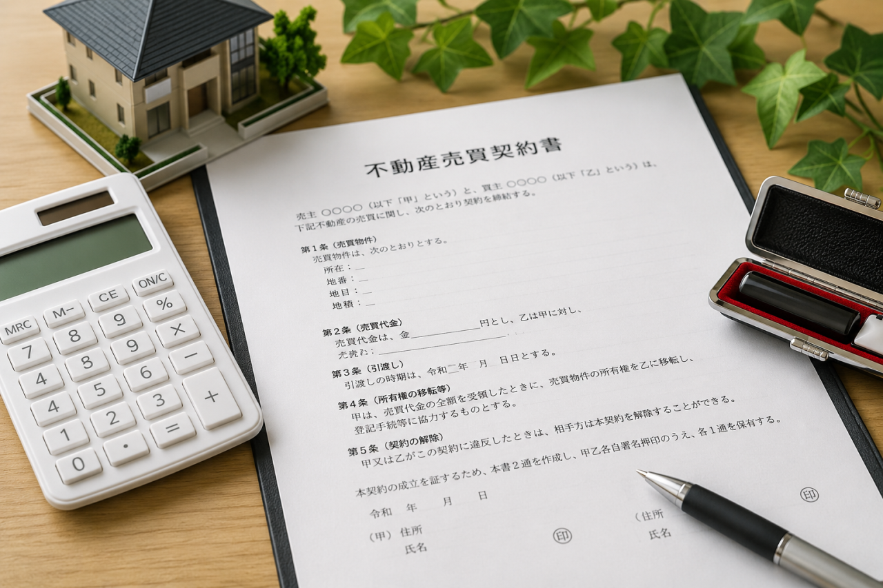 不動産売買契約書と電卓を確認するイメージ