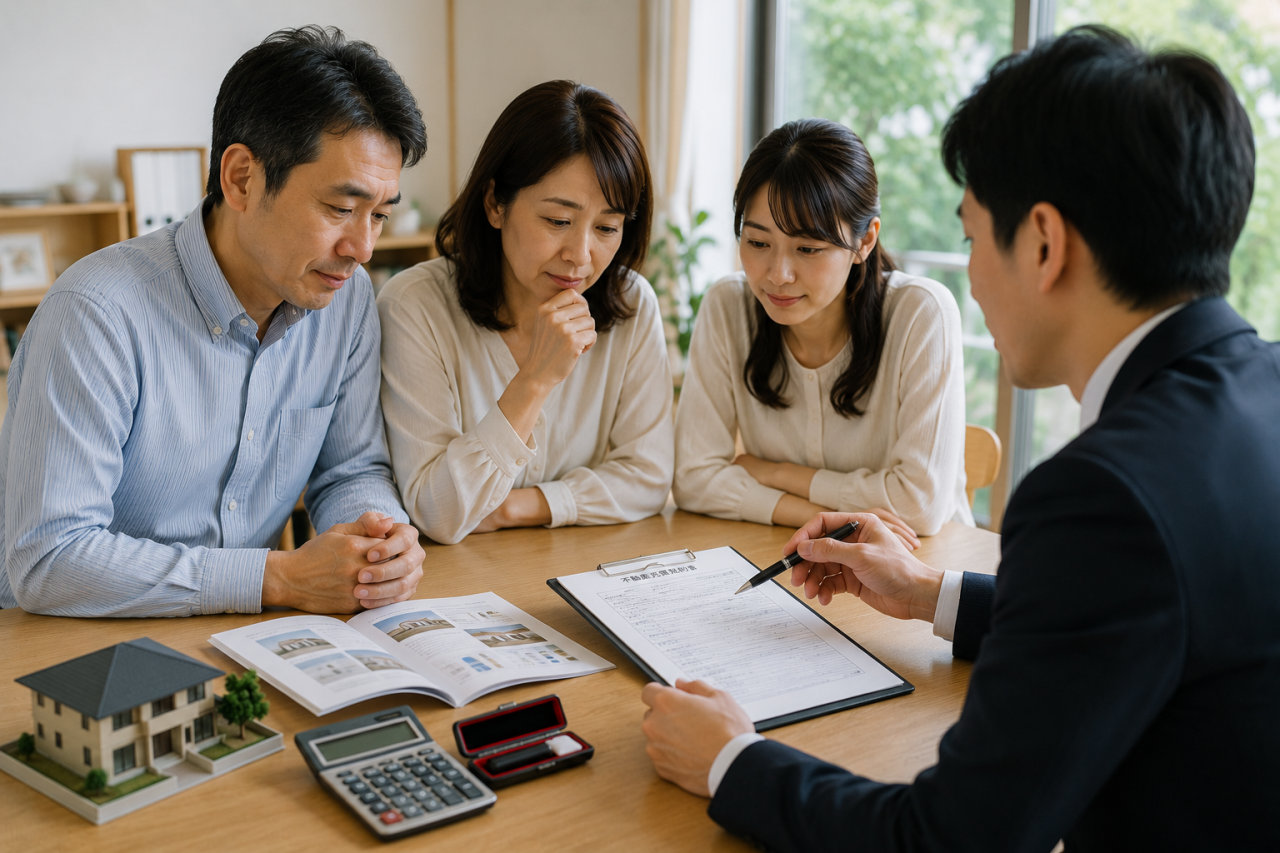 不動産売却について家族と担当者が相談している様子