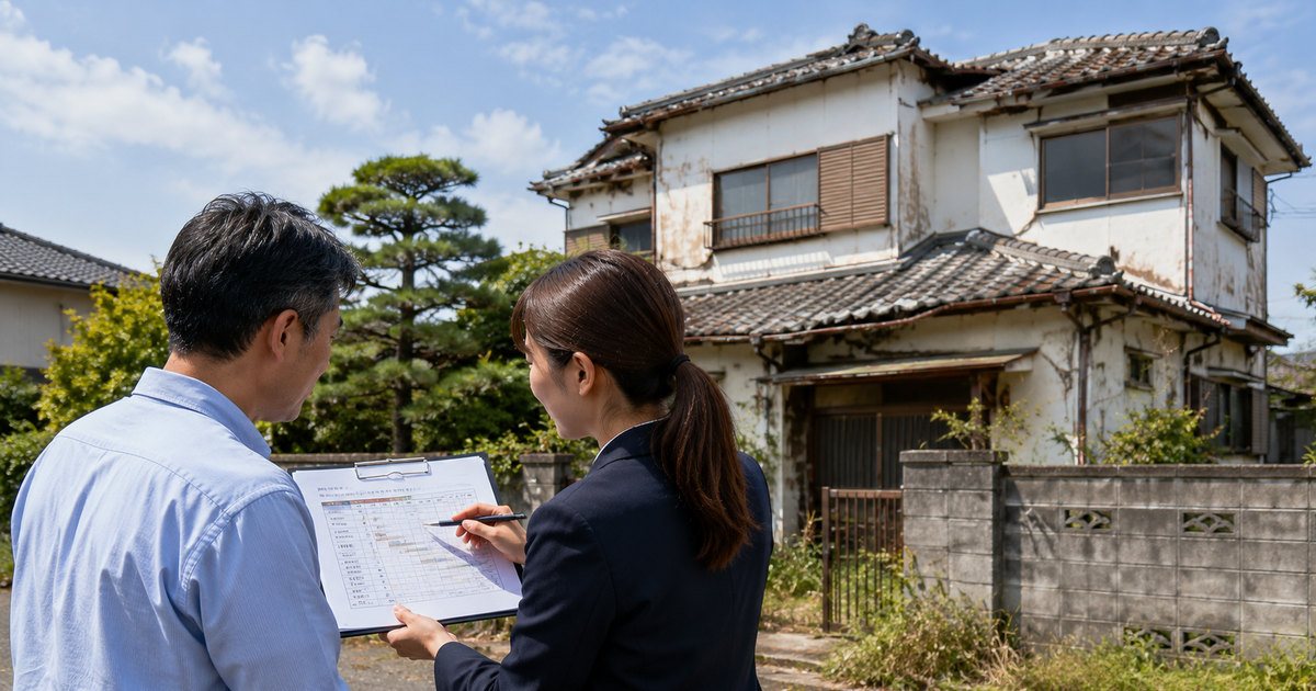 古い住宅の前で解体工事の時期について相談しているイメージ