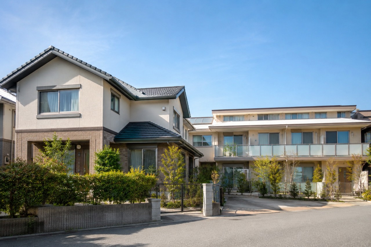 青空の下に建つ二階建ての一戸建てと、隣に並ぶ低層の建物