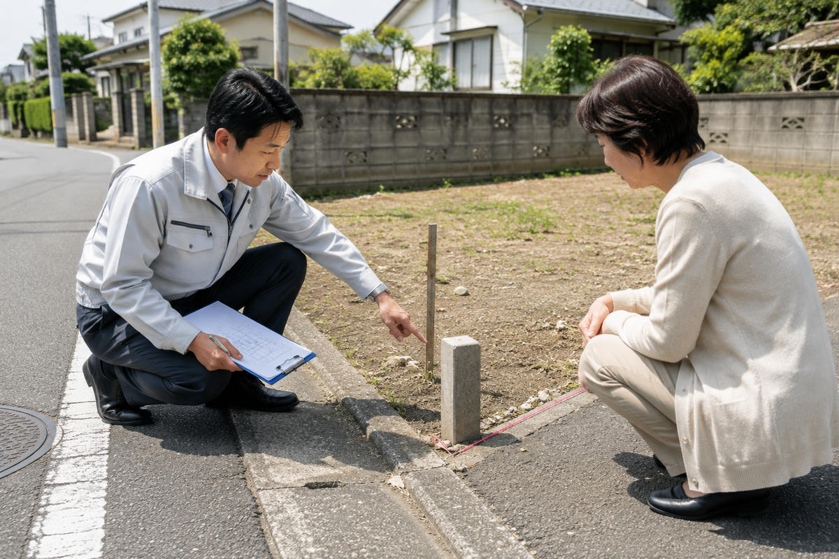 解体前に前面道路や隣地との境界を確認するイメージ