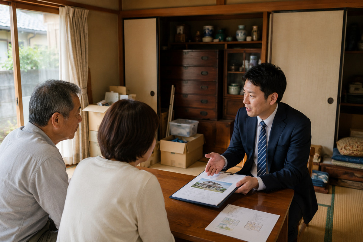 家財が残った実家で解体前の状況を確認している様子
