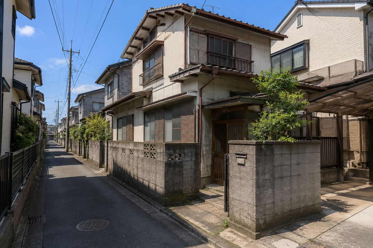 狭い前面道路に面した住宅街の戸建住宅