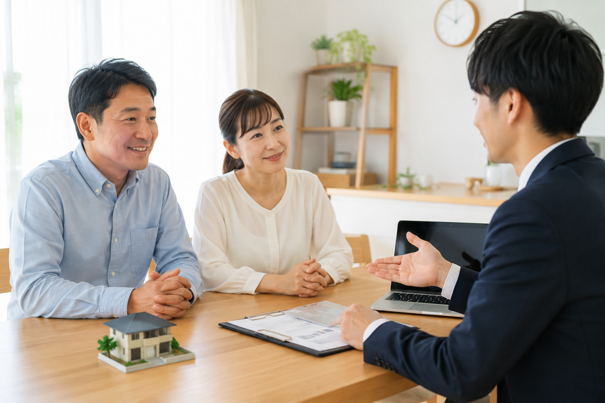 家の売却について不動産会社の担当者に相談する家族